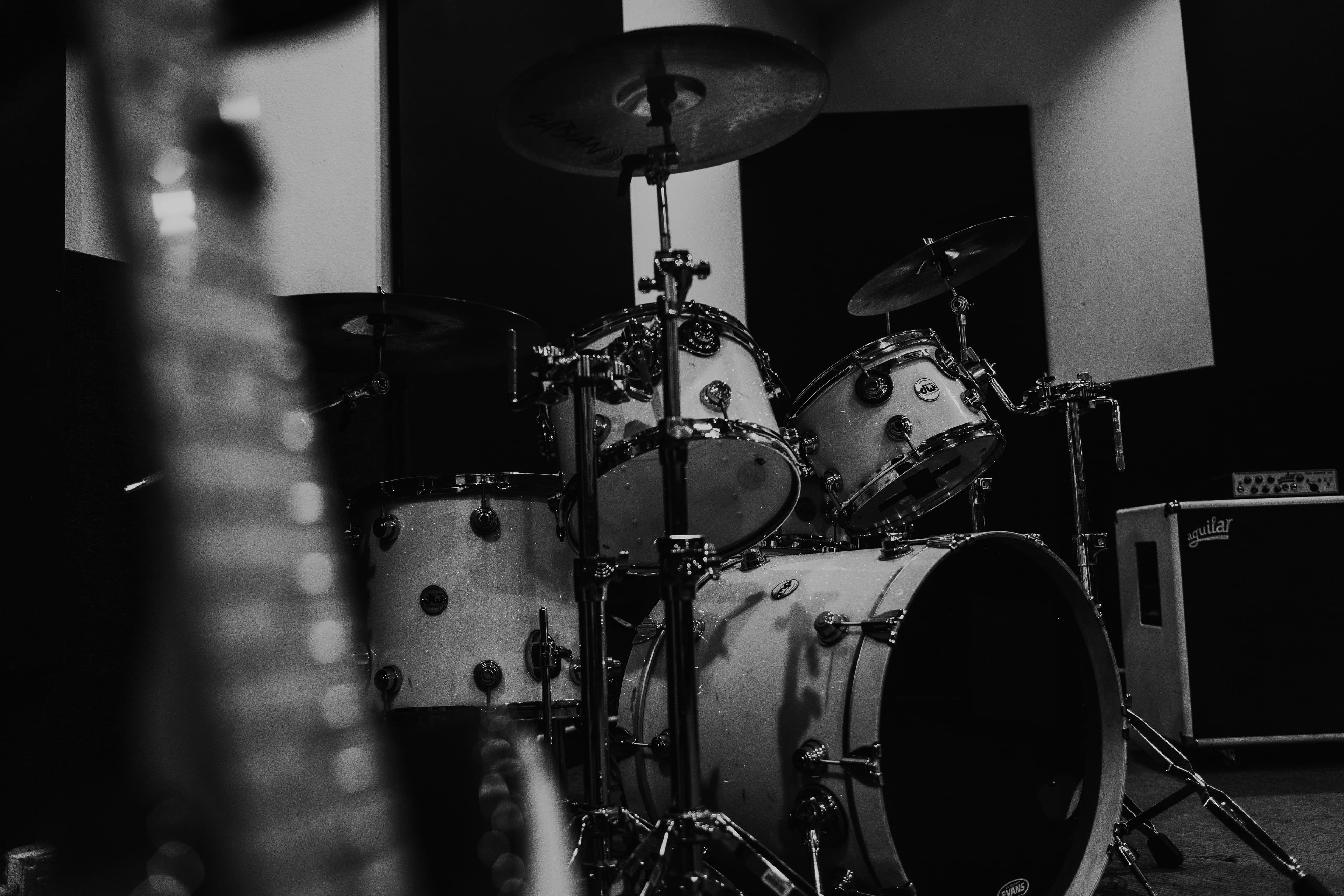 An old drum set preserved as a family keepsake